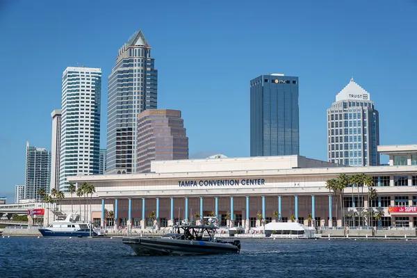 Tampa Convention Center on the waterfront with the downtown skyline