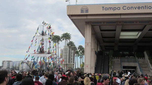 Gasparilla festival crowds and the pirate ship in Tampa